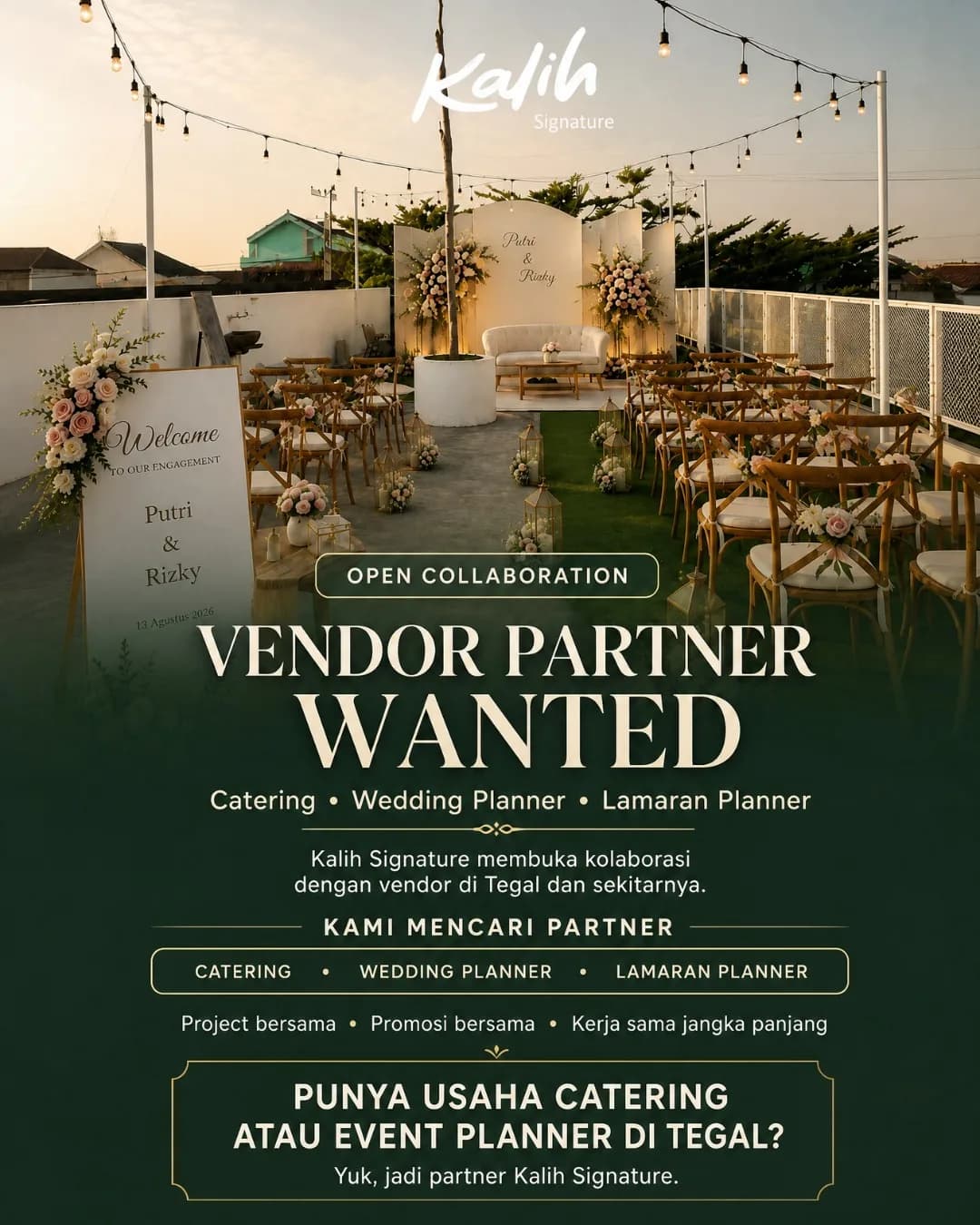 Poster Vendor Partner Wanted Kalih Signature: membuka kolaborasi dengan vendor catering, wedding planner, dan lamaran planner di Tegal dan sekitarnya.